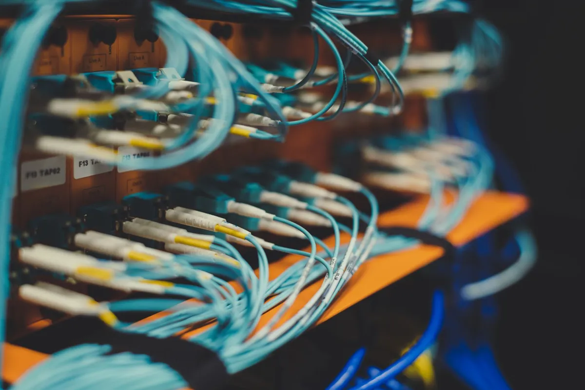 Close-up of network connectors on a cloud server